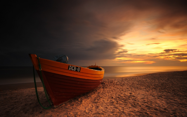 1920x1280 pix. Wallpaper boat, sea, beach, sand, clouds, sunset, nature