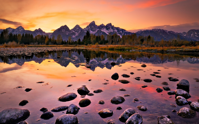 3040x1710 pix. Wallpaper grand teton national park, landscape, water, autumn, nature, glow, reflection, mountains, sunset