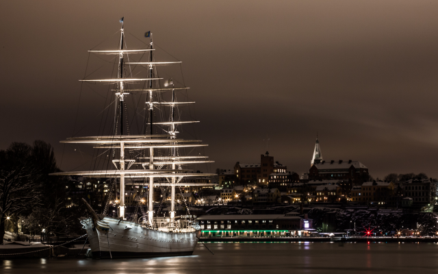 5248x3528 pix. Wallpaper sailing ship, water, city, stockholm, ship, sweden, night