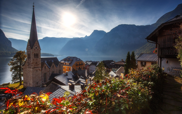 2000x1333 pix. Wallpaper hallstatt, mountains, austria, nature, landscape, autumn, lake, city, tower, city