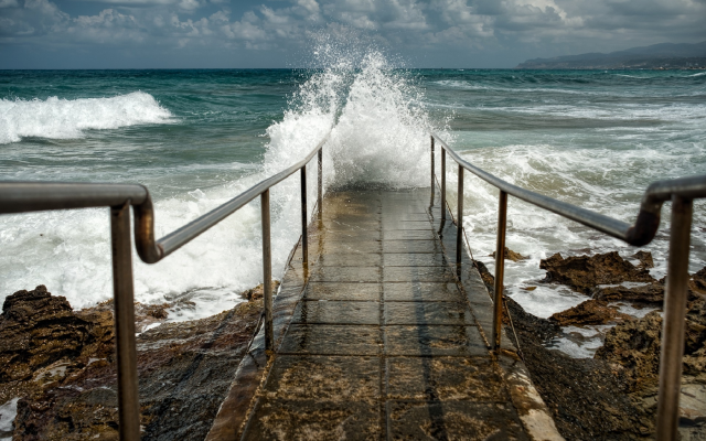 1920x1282 pix. Wallpaper sky, waves, surf, stairs to the sea, shore, rocks, pier, nature