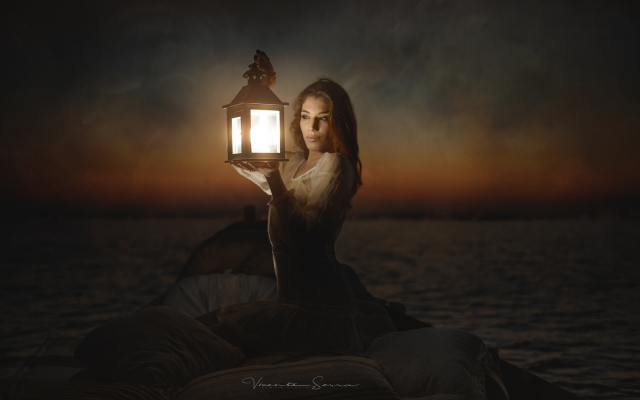 2048x1275 pix. Wallpaper fantasy, women, girl, dark, night, lantern, sea