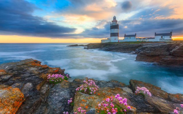 2048x1365 pix. Wallpaper hook lighthouse, sunset, ireland, nature, landscape, sea, shore, stones, flowers, lighthouse