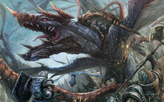 2000x1200 pix. Wallpaper fantasy art, dragon, knights, Monster Hunter
