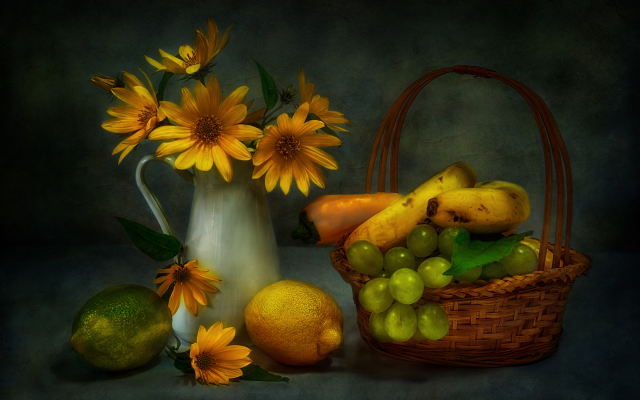 2000x1379 pix. Wallpaper still life, food, yellow flowers, fruits, banana, lemon