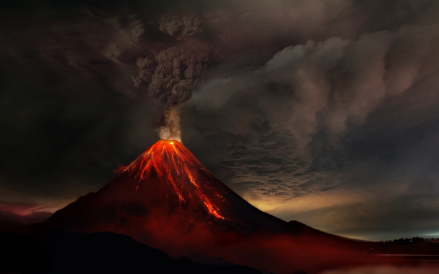 1988x1125 pix. Wallpaper volcanic eruption, volcano, lava, dark clouds, eruption