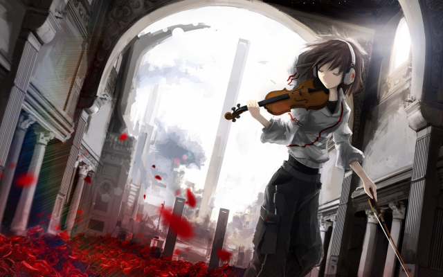 1920x1080 pix. Wallpaper anime, anime girls, violin, violin girl, headphones, rose, leaves, building, architecture