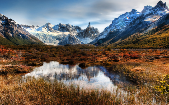 3840x2160 pix. Wallpaper nature, beautiful, mountains, slopes, grass, water, patagonia