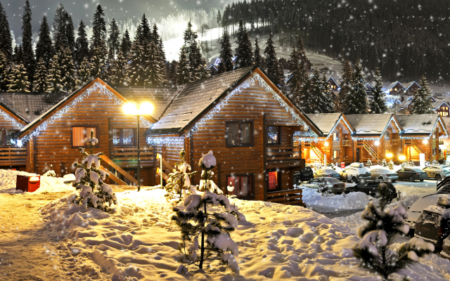 4600x3800 pix. Wallpaper winter, mountains, village, snow, forest, cottage