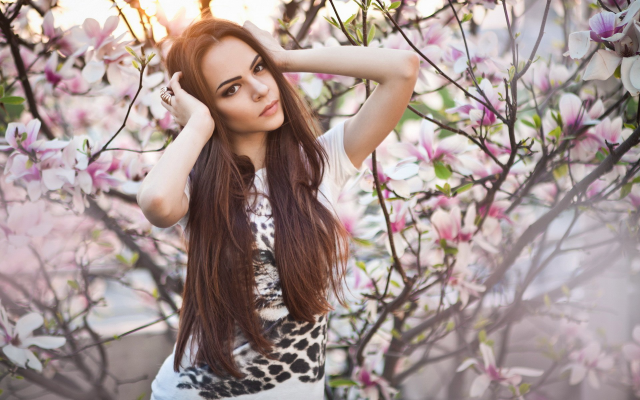 1920x1200 pix. Wallpaper cherry blossom, brunette, brown eyes, looking at viewer, smoky eyes, women outdoors