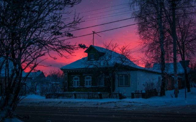 1920x1282 pix. Wallpaper house, trees, nature, sky, sunset, village, russia, snow, winter