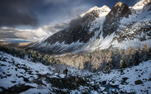 1920x1280 pix. Wallpaper altai, mountains, autumn, snow, russia, forest