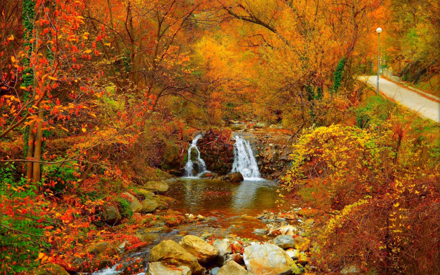 2941x1956 pix. Wallpaper park, autumn, waterfall, stones, river, nature, forest