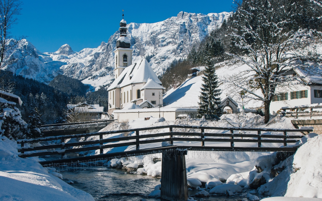 2262x1548 pix. Wallpaper winter, mountains, bavaria, snow, river, nature, germany