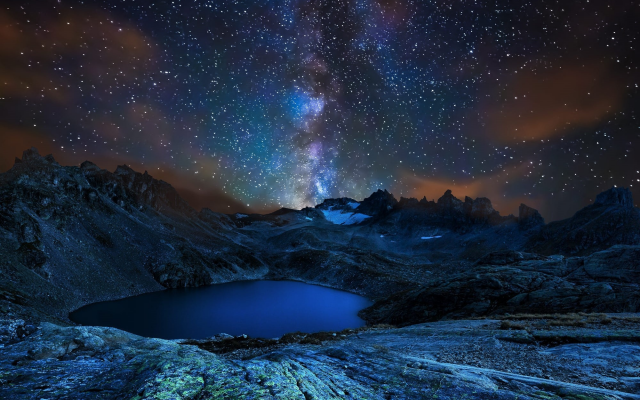 2000x1338 pix. Wallpaper lake, mountains, sky, night, crater lake, milky way, stars, nature