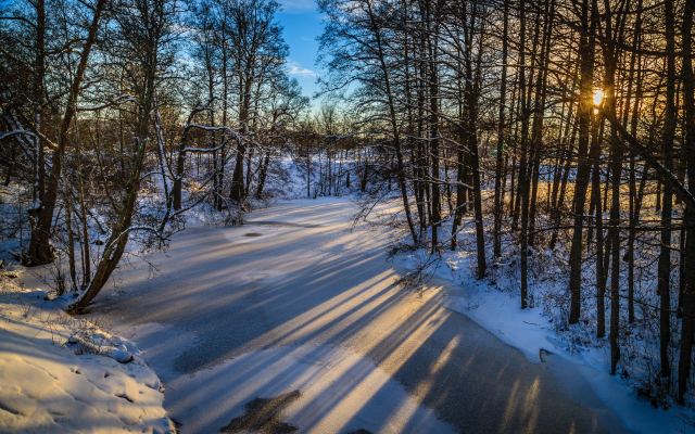 5616x3744 pix. Wallpaper winter, tree, snow, nature, evening, river