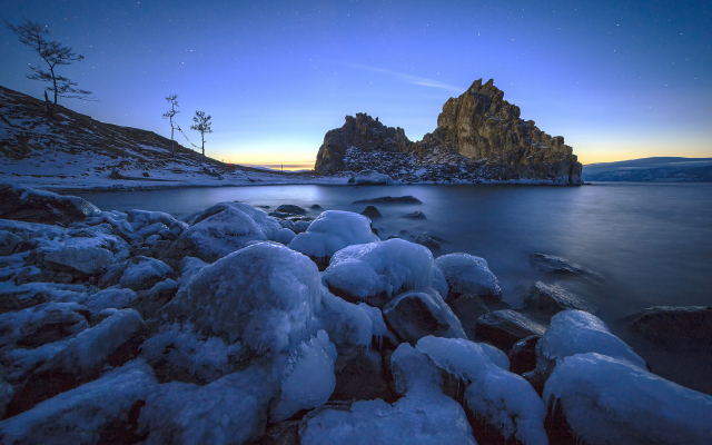 1920x1280 pix. Wallpaper lake, winter, ice, water, rock, stones, morning, baikal, russia, nature