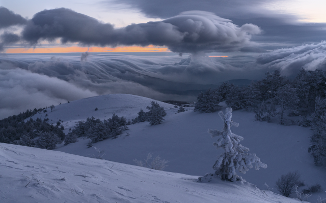 2400x1601 pix. Wallpaper nature, landscape, crimea, hills, winter, snow, demerdzhi, trees, fir, clouds, morning, demerdzhi mountain