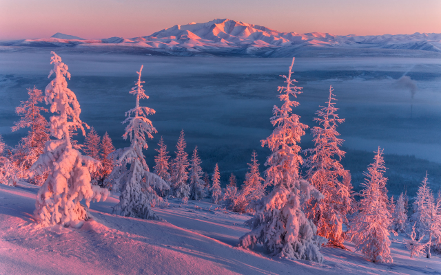 2400x1600 pix. Wallpaper nature, landscape, winter, snow, mountains, slope, tree, sunset, kolyma, russia