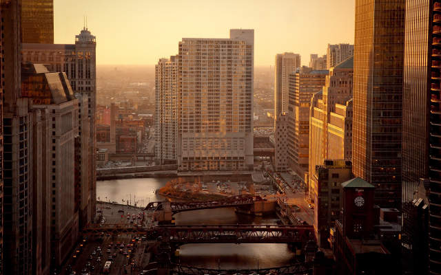 1920x1200 pix. Wallpaper city, cityscape, sunrise, river, bridge, building, Chicago, USA, road, car