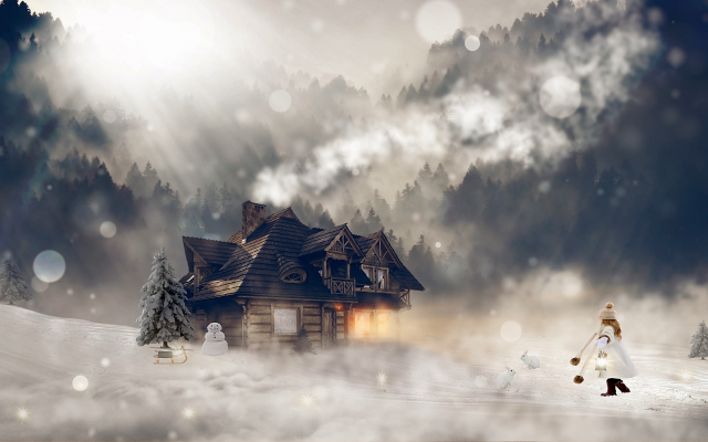 3455x2121 pix. Wallpaper house, girl, christmas tree, snowman, blizzard, art, christmas, holidays