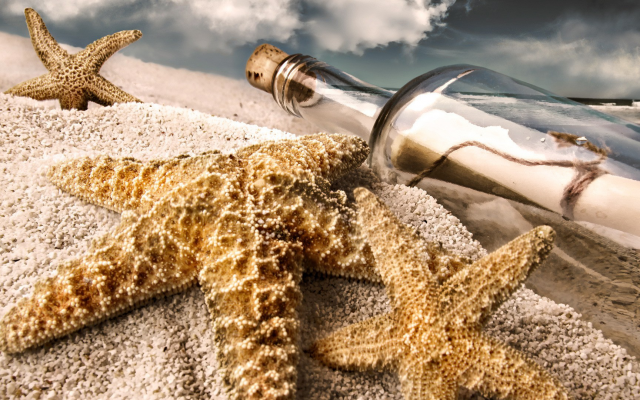 1920x1080 pix. Wallpaper sand, beach, bottle, starfish, message in a bottle