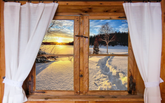 3543x2362 pix. Wallpaper window, curtains, landscape, winter, snow