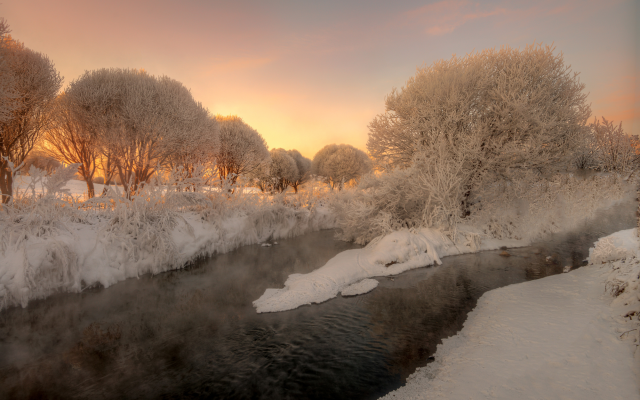 2000x1325 pix. Wallpaper nature, winter, snow, tree, frost, stream, river