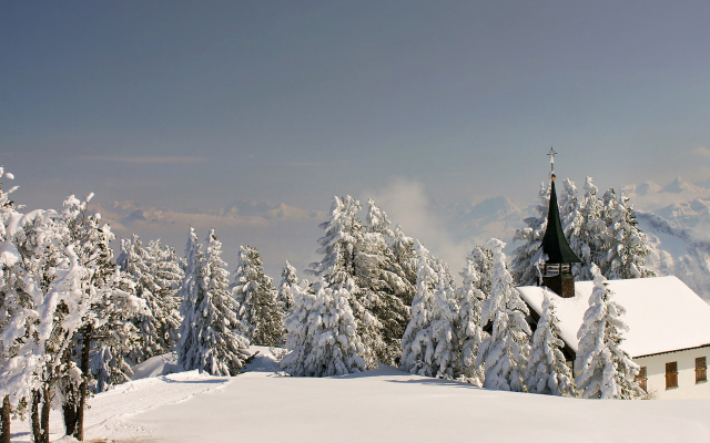 1920x1080 pix. Wallpaper winter, landscape, switzerland, tree, fir, snow, house