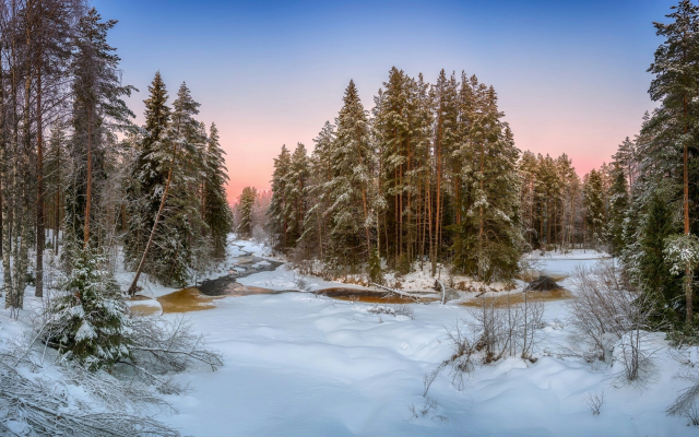 2047x1199 pix. Wallpaper nature, landscape, forest, river, winter, snow, beautiful