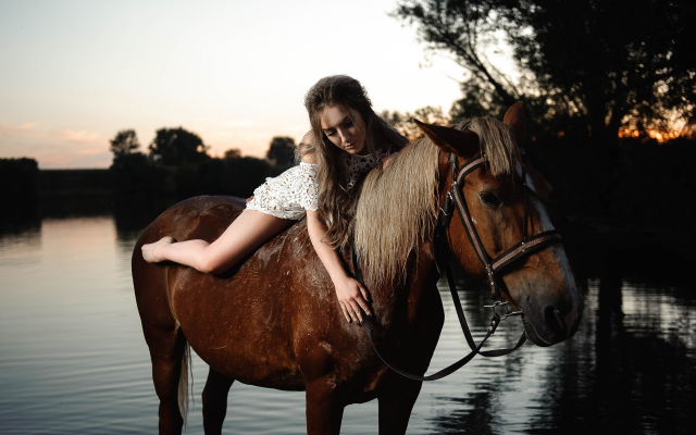 2560x1704 pix. Wallpaper women, girl, outdoors, river, evening, riding a horse, horse