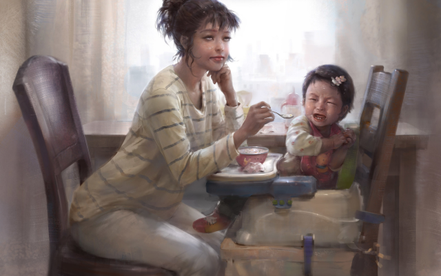 1920x1800 pix. Wallpaper women, chair, children, breakfast, drawing, art