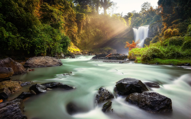 2048x1365 pix. Wallpaper tegenungan, indonesia, nature, waterfall, river, stones, forest, sun rays
