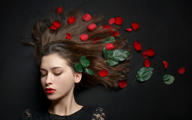 2560x1709 pix. Wallpaper red lipstick, leaves, face, makeup, portrait, model, closed eyes, women, petals