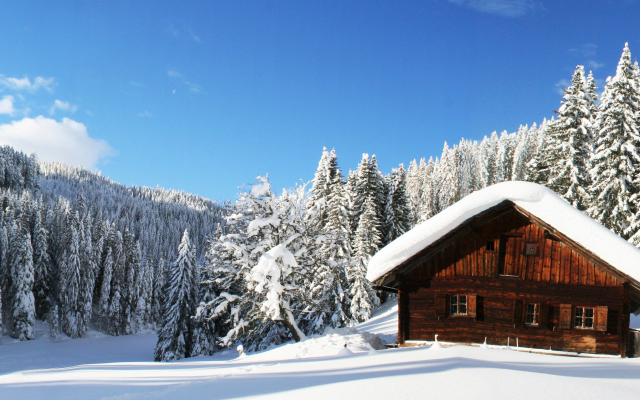4033x1905 pix. Wallpaper winter, snow, forest, house, tree, nature