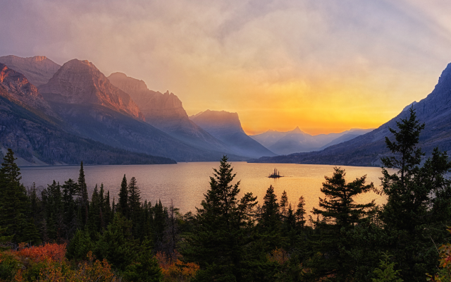 4500x2531 pix. Wallpaper saint mary lake, montana, mountains, lake, sunset, landscape, glacier national park, fir, nature