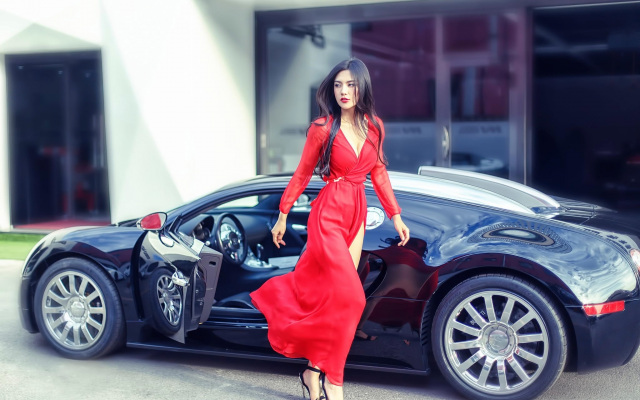 2048x1323 pix. Wallpaper bugatti, red dress, cars, brunette, women, asian