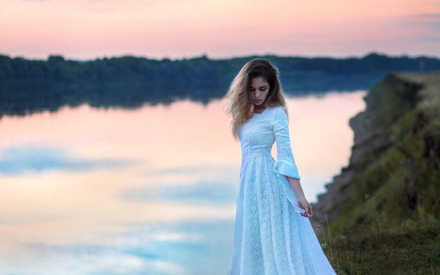 2560x1825 pix. Wallpaper women, river, dress, white dress, sunset