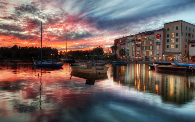 1920x1200 pix. Wallpaper Portofino, Italy, boat, sea, water, reflection, sunset, clouds, building, city