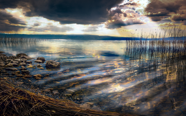 4463x2510 pix. Wallpaper clouds, nature, lake, stones, grass, macedonia, nature
