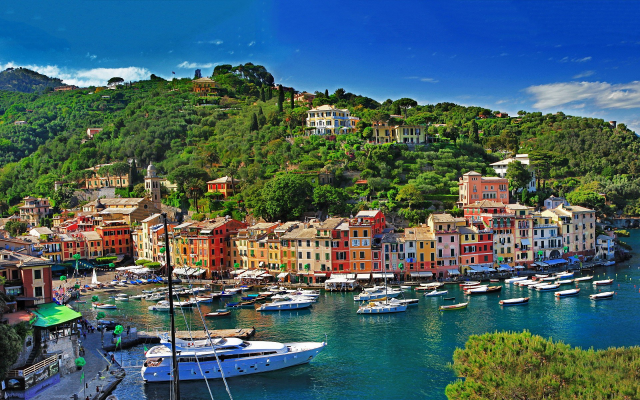 1920x1200 pix. Wallpaper city, cityscape, landscape, sea, boat, building, forest, bay, Portofino, Italy, colorful