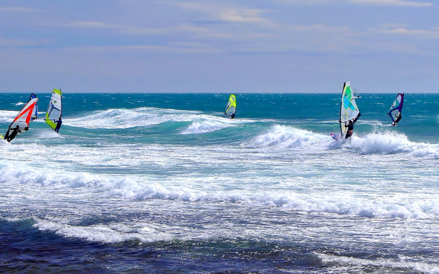 3076x1200 pix. Wallpaper windsurfing, sea, waves