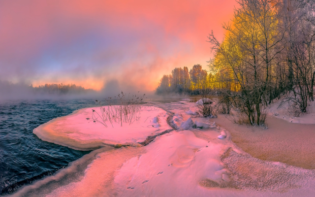 1920x1275 pix. Wallpaper nature, landscape, winter, river, snow, trees, steam, sunset