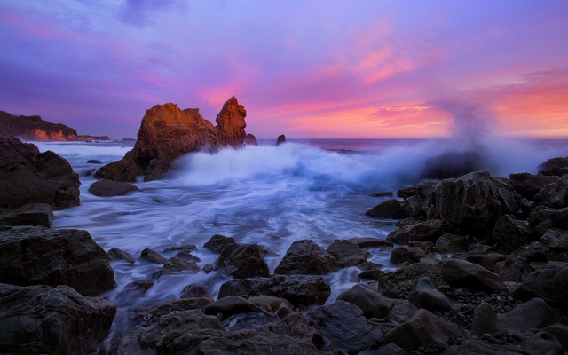 2561x1600 pix. Wallpaper stones, california, pacific ocean, wave, rocks, sunset, corona del mar, ocean, nature