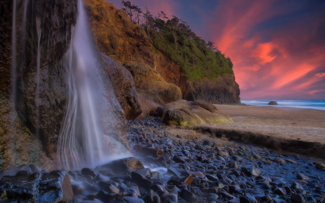 2048x1367 pix. Wallpaper sunset, stones, rocks, oregon, coast, pacific ocean, hug point state park, hug point falls, nature, waterfall