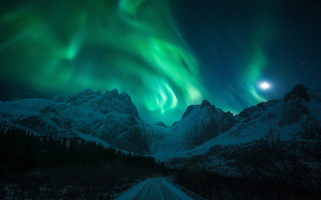 2499x1668 pix. Wallpaper light, snow, mountains, winter, northern lights, road, night, moon, nature