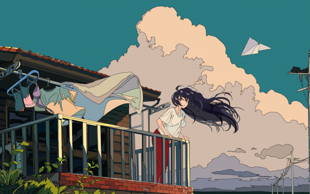 3888x2187 pix. Wallpaper clouds, sky, building, anime, digital art, wind, paper plane, 