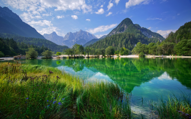 3000x1850 pix. Wallpaper lake jasna kranjska gora, slovenia, lake, mountains, nature, sky, clouds