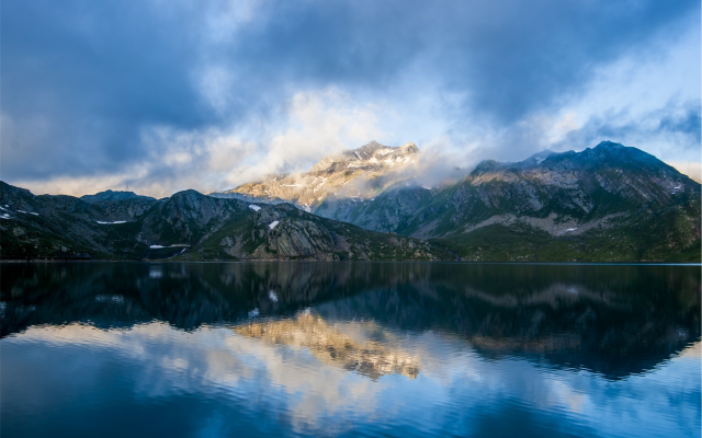 2509x1673 pix. Wallpaper mountains, lake, reflection, clouds