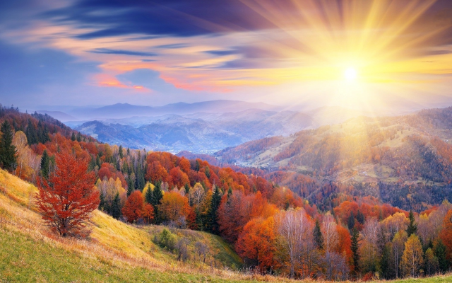 1920x1080 pix. Wallpaper nature, landscape, hill, forest, autumn, dawn, sun rays, sun